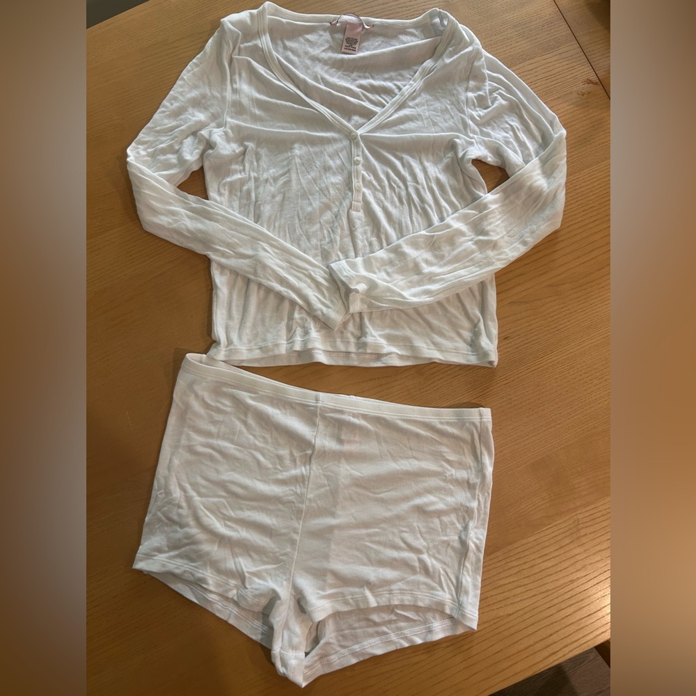 Victoria's Secret White Long-Sleeve Henley Pajama Top & Shorts
